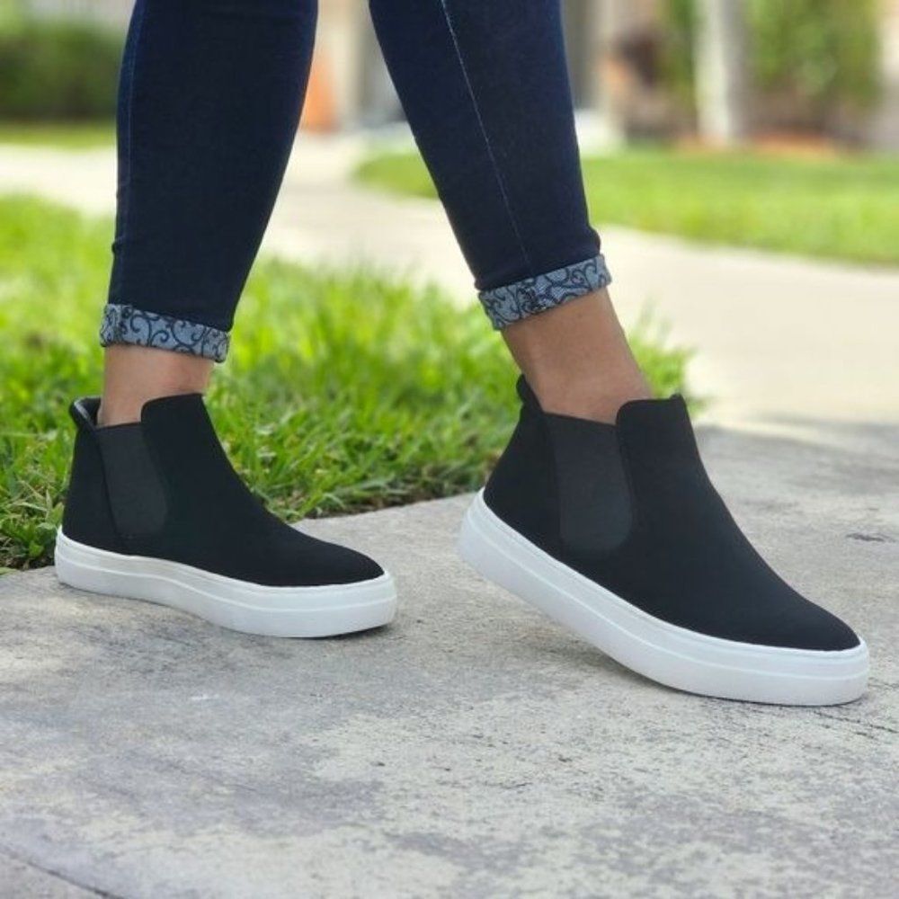 Black Nubuck Chelsea Style High Top Sneakers for Women Slip On - Picture 2 of 5
